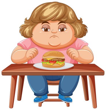 Çocuk hamburgerle masada oturuyor.