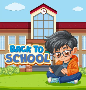 Boy with tablet in front of school clipart