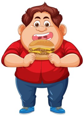 Gülümseyen çocuk lezzetli bir burgerin tadını çıkarıyor.
