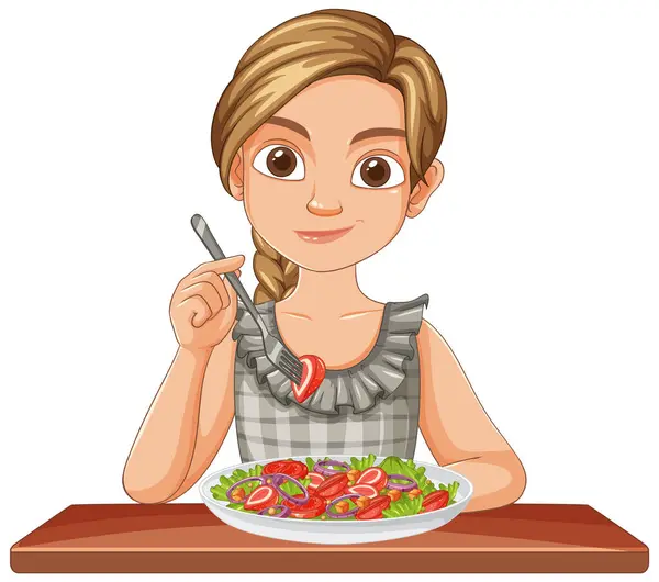 stock vector Young girl eating a fresh vegetable salad