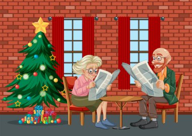 Elderly couple reading newspapers near decorated Christmas tree clipart