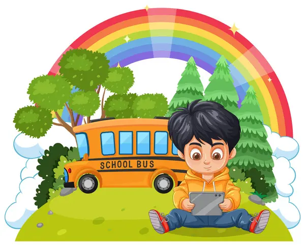 stock vector Child using tablet near school bus and trees