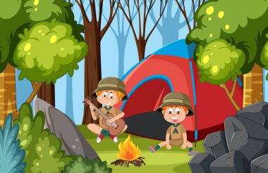 Çocuklar ormanda kamp ateşinin keyfini çıkarıyorlar.