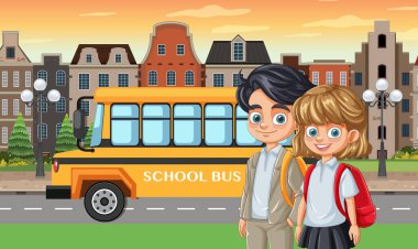 Okul otobüsünün yanında duran çocuklar.