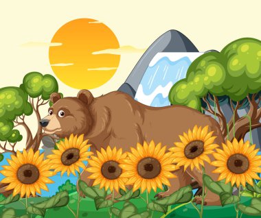 Şelale yakınlarında ayçiçekleri arasında yürüyen bir ayı