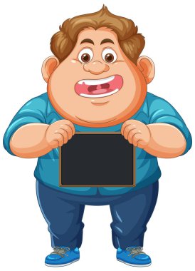 Elinde boş tahtayla gülümseyen çocuk.