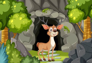 Mağaranın önünde bir geyik duruyor.