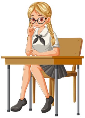 Masada oturan gözlüklü kız.