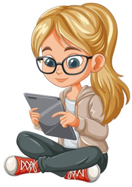 Genç kız tabletle çalışıyor.