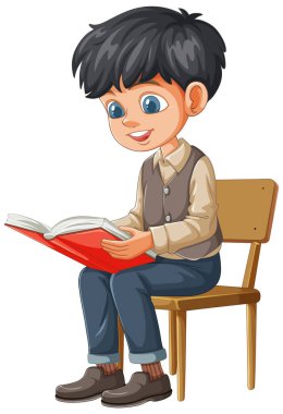 Oturup kitap okuyan bir çocuk.