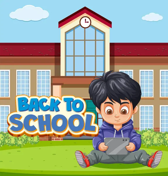 stock vector Boy with tablet in front of school