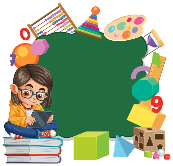 stock vector Child reading with various educational tools around