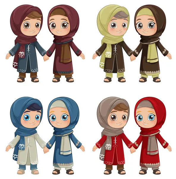 stock vector Four pairs of Muslim children holding hands