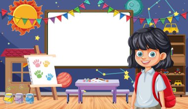 Renkli bir sınıfta neşeli bir öğrenci.