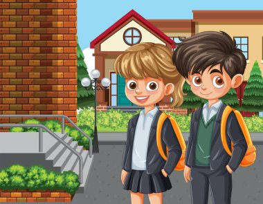 Okul binasının dışında sırt çantalı iki öğrenci.