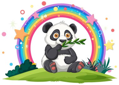 Gökkuşağının altında bambu tutan sevimli panda
