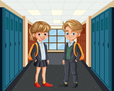 Two students standing in a school hallway clipart