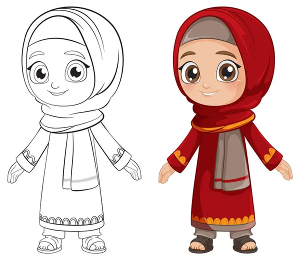 stock vector Smiling character wearing a red hijab and dress