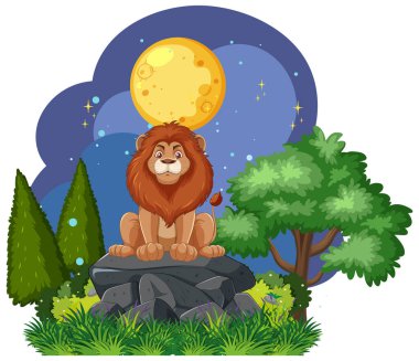 Bir aslan gece kayanın üzerinde oturur.