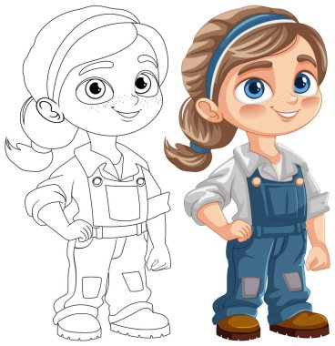 Çizgi filmci çocuk. Tulumlu, gülümseyen.