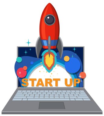 'Başlat' metni ile dizüstü bilgisayardan roket fırlatılıyor