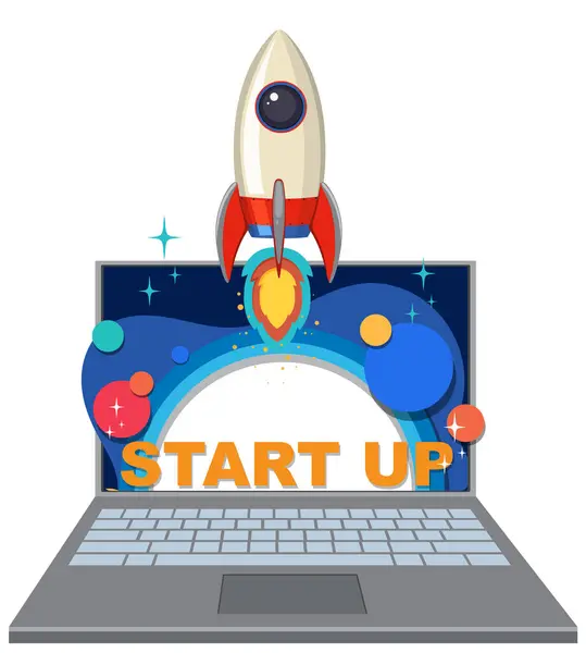 stock vector Startup concept with rocket and laptop