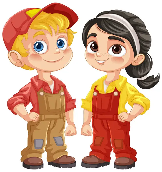 stock vector Two kids in work uniforms smiling