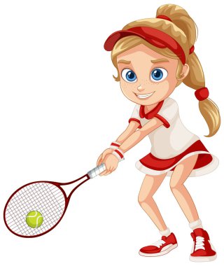 Tenis kıyafetli kız raket tutuyor.