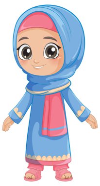 Mavi ve pembe elbiseli şirin bir kız.