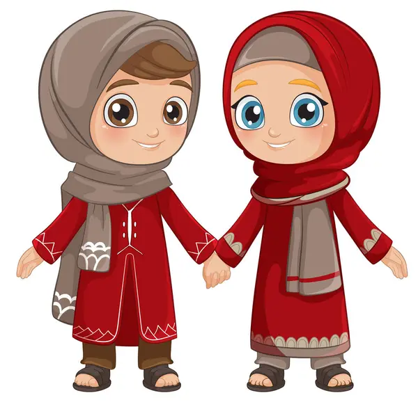 stock vector Two children in traditional Muslim attire