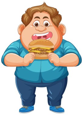Gülümseyen çocuk lezzetli bir burgerin tadını çıkarıyor.