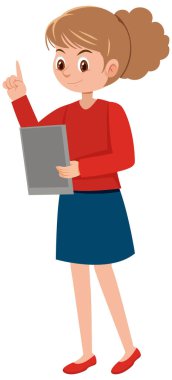 Tableti tutan kadın yukarıya bakıyor.