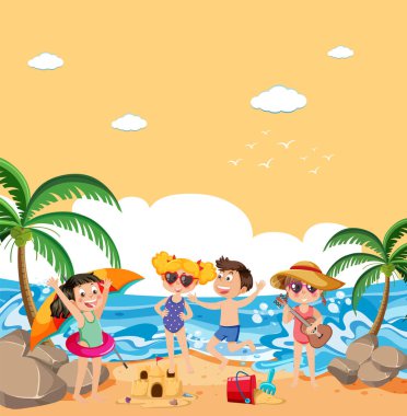 Güneşli bir plajda oynayan ve dinlenen çocuklar.