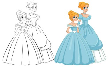 Güzel mavi elbiseli iki prenses.