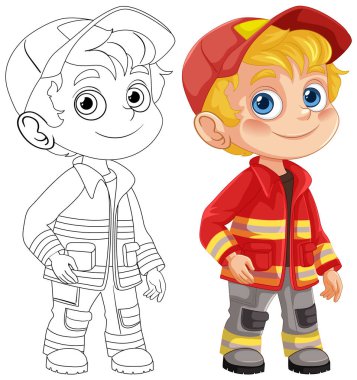 İtfaiyeci kıyafeti giymiş bir çocuğun resmi.