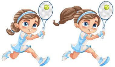 Tenis raketi ve topu olan animasyon kızı.