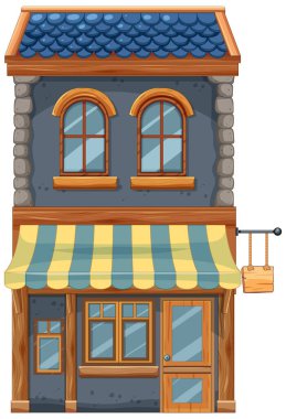 İki katlı tuhaf bir dükkanın tasviri.