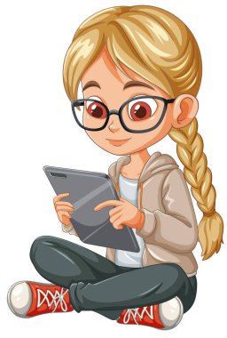 Tablet kullanan gözlüklü genç kız.