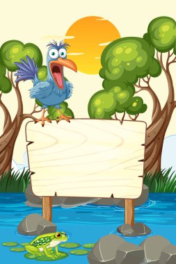 A bird and frog near a wooden sign clipart