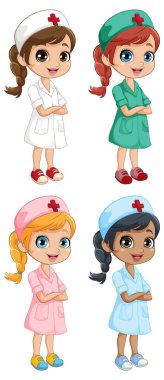 Renkli üniformalı dört hemşire gülümsüyor.