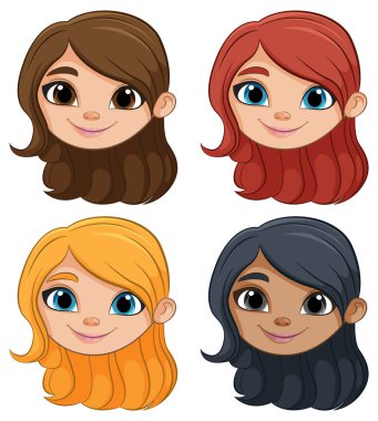 Farklı saç renkleri olan dört gülen çizgi film yüzü.