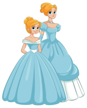 Güzel mavi elbiseler giyen iki prenses.