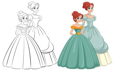 Renkli ve çizgili elbiseli iki prenses.