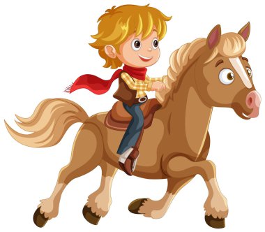 Genç kovboy kahverengi ata biniyor.