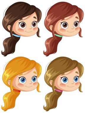 Farklı saç renginde dört çizgi film kızı yüzü.