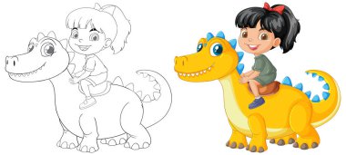 Mutlu çocuk renkli bir dinozora biniyor.