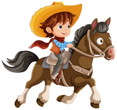 Kovboy kıyafetli bir çocuk ata biniyor.