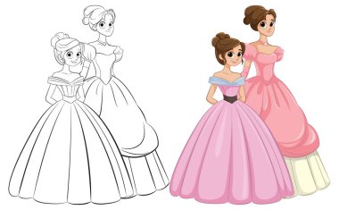 Renkli ve çizgili elbiseli iki prenses.