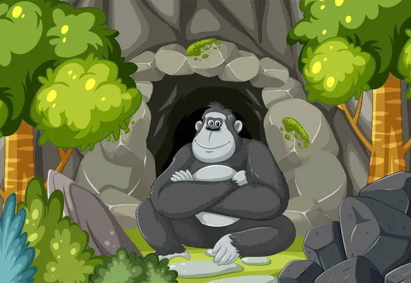 stock vector A gorilla sits peacefully near a cave