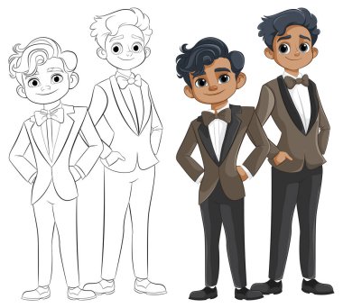 Smokinli iki karakter, biri renkli, biri çizili.